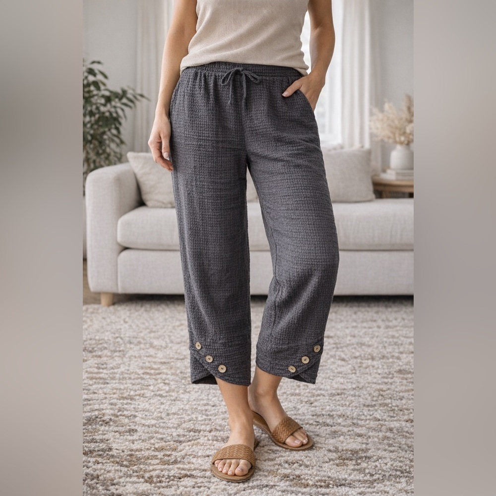 Dark Gray Waffle Knit Crop Pants with Button Detail Size L